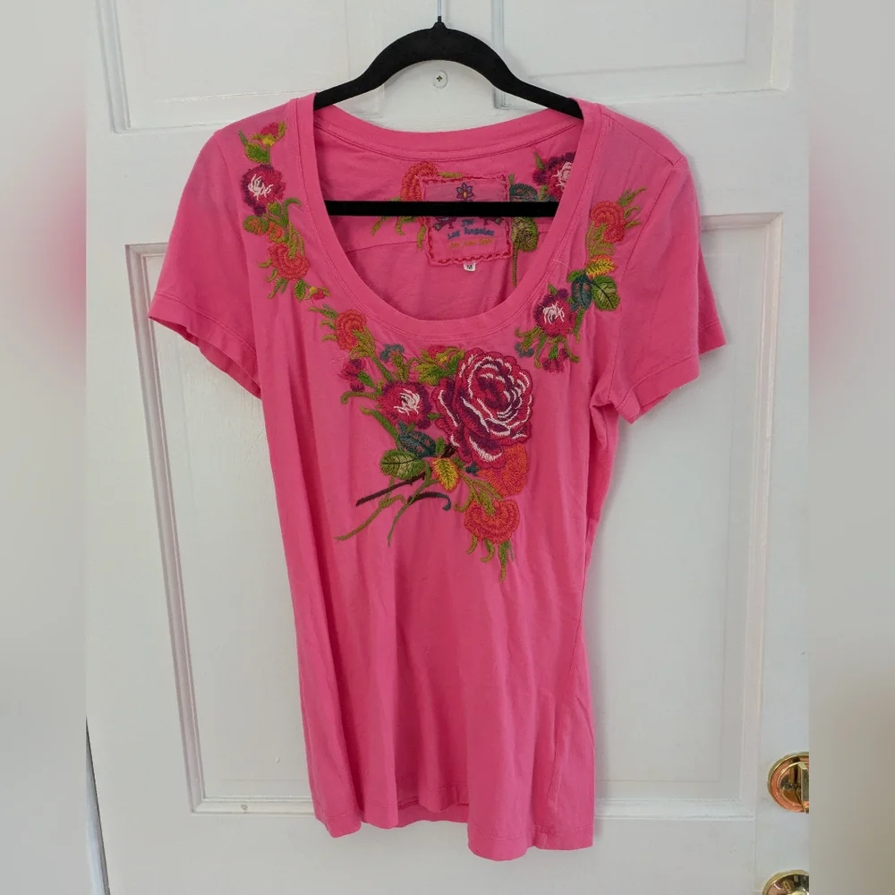 Johnny Was Pink Floral Embroidered Short Sleeve T Shirt - Picture 2 of 5